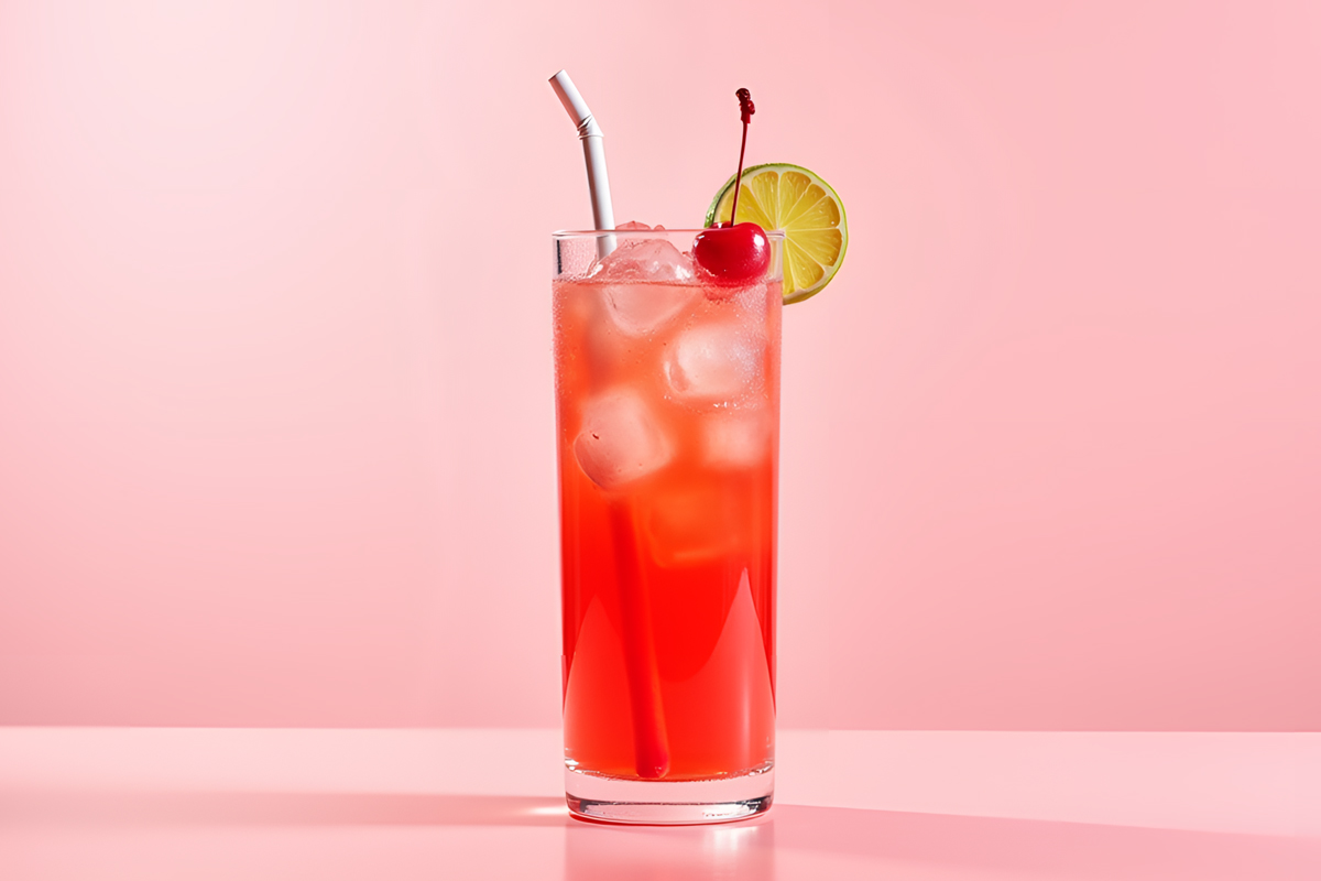 Bicchiere alto con Shirley Temple Mocktail, un drink analcolico dal colore rosso brillante, servito con ghiaccio, guarnito con ciliegia al maraschino e fetta di lime, su sfondo rosa pastello.