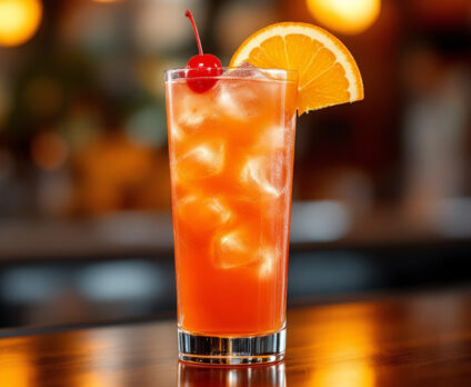 Un cocktail analcolico San Francisco servito in un bicchiere highball colmo di ghiaccio. Decorato con una fetta d'arancia e una ciliegina rossa, il drink ha un vivace colore arancione e un aspetto rinfrescante. Sullo sfondo si intravede l’atmosfera calda e accogliente di un bar. Una Ricetta semplice e buonissima