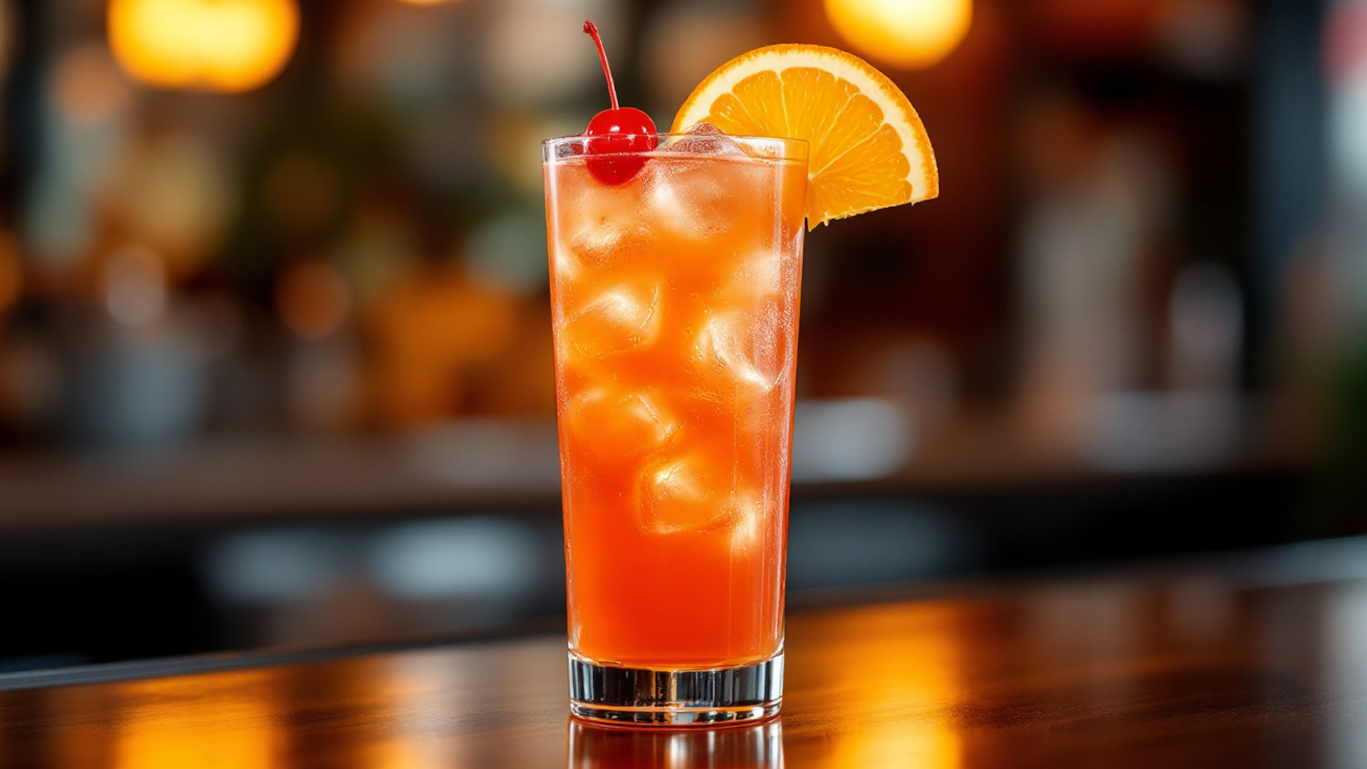 Un cocktail analcolico San Francisco servito in un bicchiere highball colmo di ghiaccio. Decorato con una fetta d'arancia e una ciliegina rossa, il drink ha un vivace colore arancione e un aspetto rinfrescante. Sullo sfondo si intravede l’atmosfera calda e accogliente di un bar. Una Ricetta semplice e buonissima