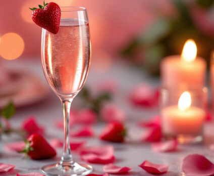 Un elegante cocktail Rosé Amour servito in un flute raffinato, con un delicato colore rosato e bollicine effervescenti. Il drink è decorato con una fragola a forma di cuore sul bordo del bicchiere. La scena è impreziosita da petali di rosa, candele accese e un'atmosfera romantica con luci soffuse, perfetta per un brindisi speciale a San Valentino. Una ricetta cocktail che farà impazzire il vostro partner