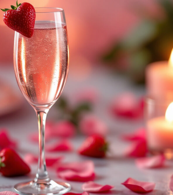 Un elegante cocktail Rosé Amour servito in un flute raffinato, con un delicato colore rosato e bollicine effervescenti. Il drink è decorato con una fragola a forma di cuore sul bordo del bicchiere. La scena è impreziosita da petali di rosa, candele accese e un'atmosfera romantica con luci soffuse, perfetta per un brindisi speciale a San Valentino. Una ricetta cocktail che farà impazzire il vostro partner