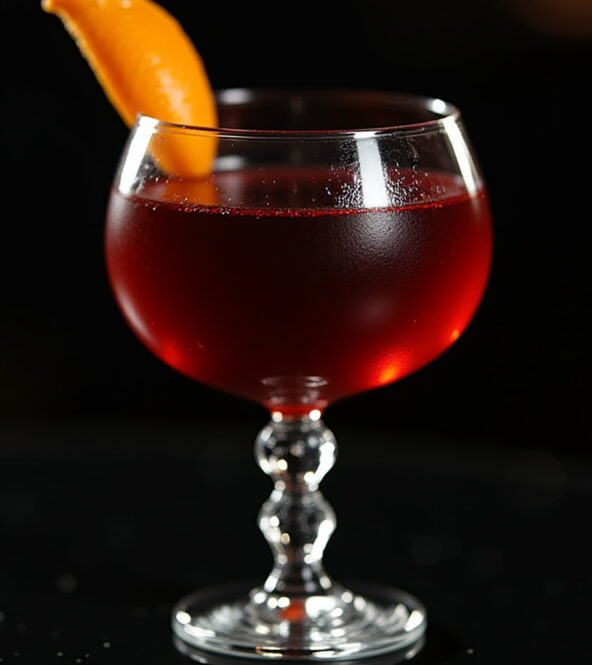 Cocktail Hanky Panky, una ricetta servita in una coppa bassa di cristallo con stelo decorato, riempita con un drink rosso ambrato e guarnita con una scorza d’arancia sul bordo, fotografata su sfondo nero con luce soffusa.