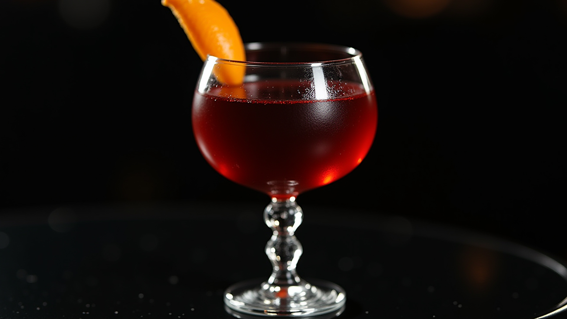 Cocktail Hanky Panky, una ricetta servita in una coppa bassa di cristallo con stelo decorato, riempita con un drink rosso ambrato e guarnita con una scorza d’arancia sul bordo, fotografata su sfondo nero con luce soffusa.