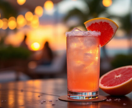 Cocktail Paloma servito in un bicchiere highball con ghiaccio, bordo salato e fetta di pompelmo rosa come guarnizione, ambientato all’aperto durante un tramonto tropicale con luci soffuse e palme sullo sfondo.