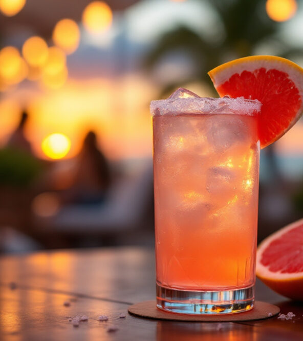 Cocktail Paloma servito in un bicchiere highball con ghiaccio, bordo salato e fetta di pompelmo rosa come guarnizione, ambientato all’aperto durante un tramonto tropicale con luci soffuse e palme sullo sfondo.