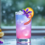 Cocktail analcolico Rainy Bloom in un bicchiere highball, con sfumature dal blu al rosa. Guarnito con un fiore di violetta, una fetta d'arancia e una spirale di scorza. Sullo sfondo, una finestra con gocce di pioggia e limoni freschi, evocando un'atmosfera primaverile.
