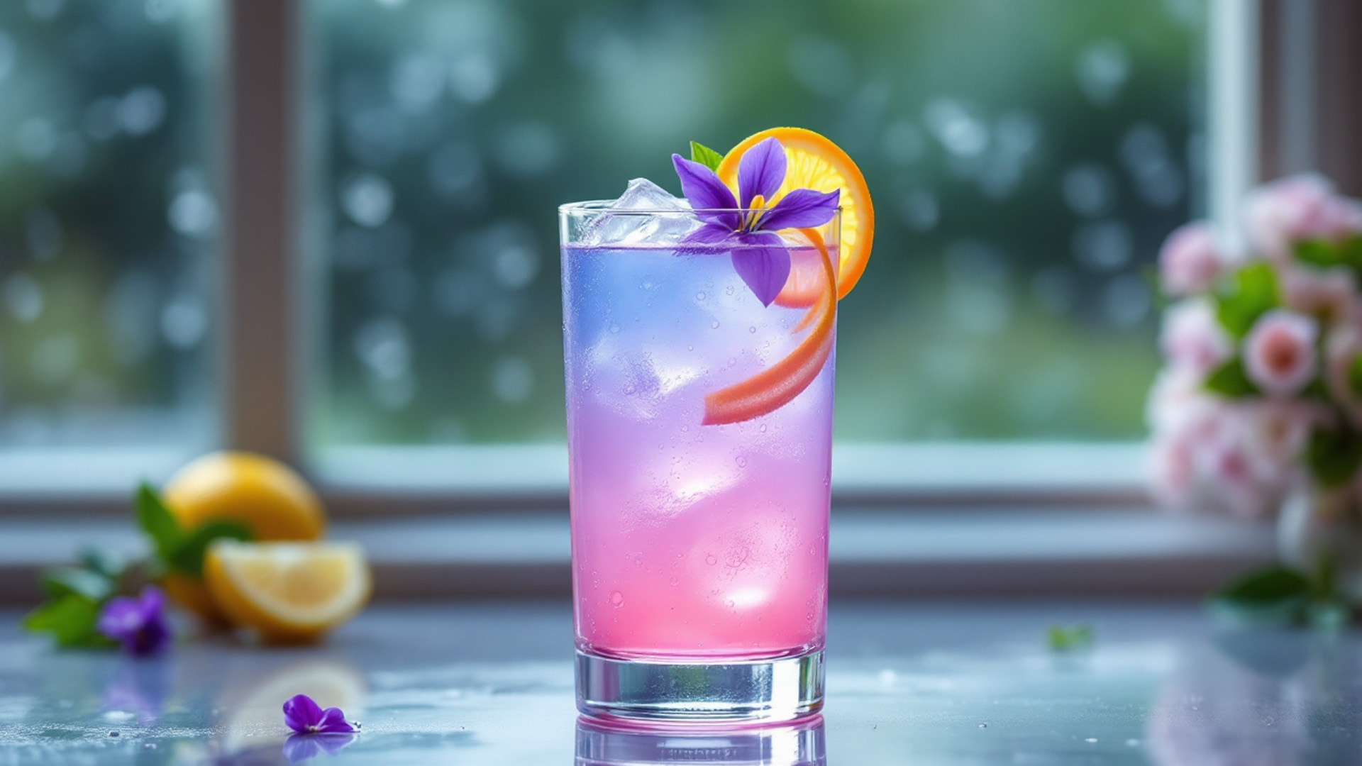 Cocktail analcolico Rainy Bloom in un bicchiere highball, con sfumature dal blu al rosa. Guarnito con un fiore di violetta, una fetta d'arancia e una spirale di scorza. Sullo sfondo, una finestra con gocce di pioggia e limoni freschi, evocando un'atmosfera primaverile.