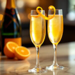 Due eleganti flute di Mimosa Royale, cocktail dorato e frizzante, guarniti con una scorza d’arancia intrecciata. Sullo sfondo, una bottiglia di champagne, arance fresche tagliate a metà e un vaso con mimose gialle, il tutto su un raffinato bancone in marmo. Un'atmosfera luminosa e festosa, perfetta per celebrare la Giornata internazionale della donna.