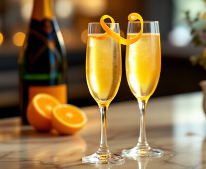 Due eleganti flute di Mimosa Royale, cocktail dorato e frizzante, guarniti con una scorza d’arancia intrecciata. Sullo sfondo, una bottiglia di champagne, arance fresche tagliate a metà e un vaso con mimose gialle, il tutto su un raffinato bancone in marmo. Un'atmosfera luminosa e festosa, perfetta per celebrare la Giornata internazionale della donna.