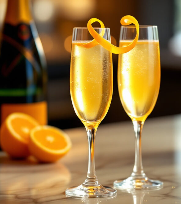 Due eleganti flute di Mimosa Royale, cocktail dorato e frizzante, guarniti con una scorza d’arancia intrecciata. Sullo sfondo, una bottiglia di champagne, arance fresche tagliate a metà e un vaso con mimose gialle, il tutto su un raffinato bancone in marmo. Un'atmosfera luminosa e festosa, perfetta per celebrare la Giornata internazionale della donna.