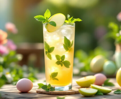 Ricetta Cocktail analcolico primaverile servito in un bicchiere tumbler alto con ghiaccio, decorato con menta fresca e una fettina di mela verde, su sfondo naturale pasquale.