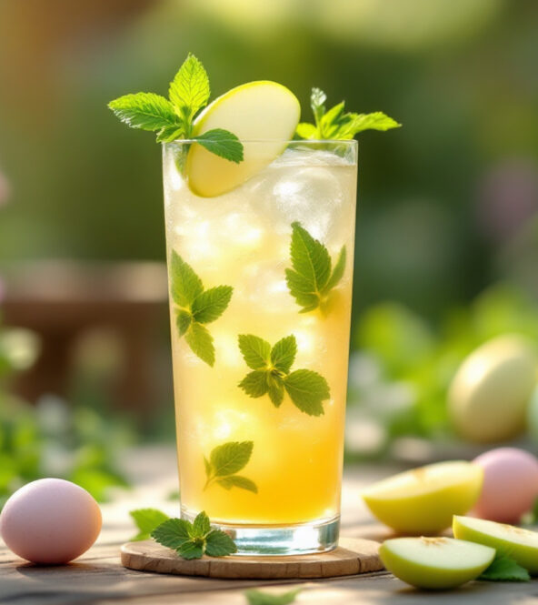 Ricetta Cocktail analcolico primaverile servito in un bicchiere tumbler alto con ghiaccio, decorato con menta fresca e una fettina di mela verde, su sfondo naturale pasquale.