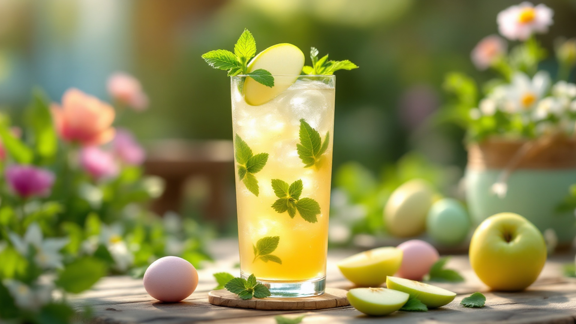 Ricetta Cocktail analcolico primaverile servito in un bicchiere tumbler alto con ghiaccio, decorato con menta fresca e una fettina di mela verde, su sfondo naturale pasquale.