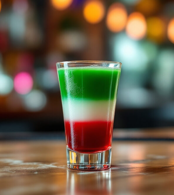 Bicchierino di Mexican Flag chupito perfettamente stratificato con verde, bianco e rosso su bancone di bar, decorato con sombrero e dettagli festosi in stile messicano sullo sfondo.