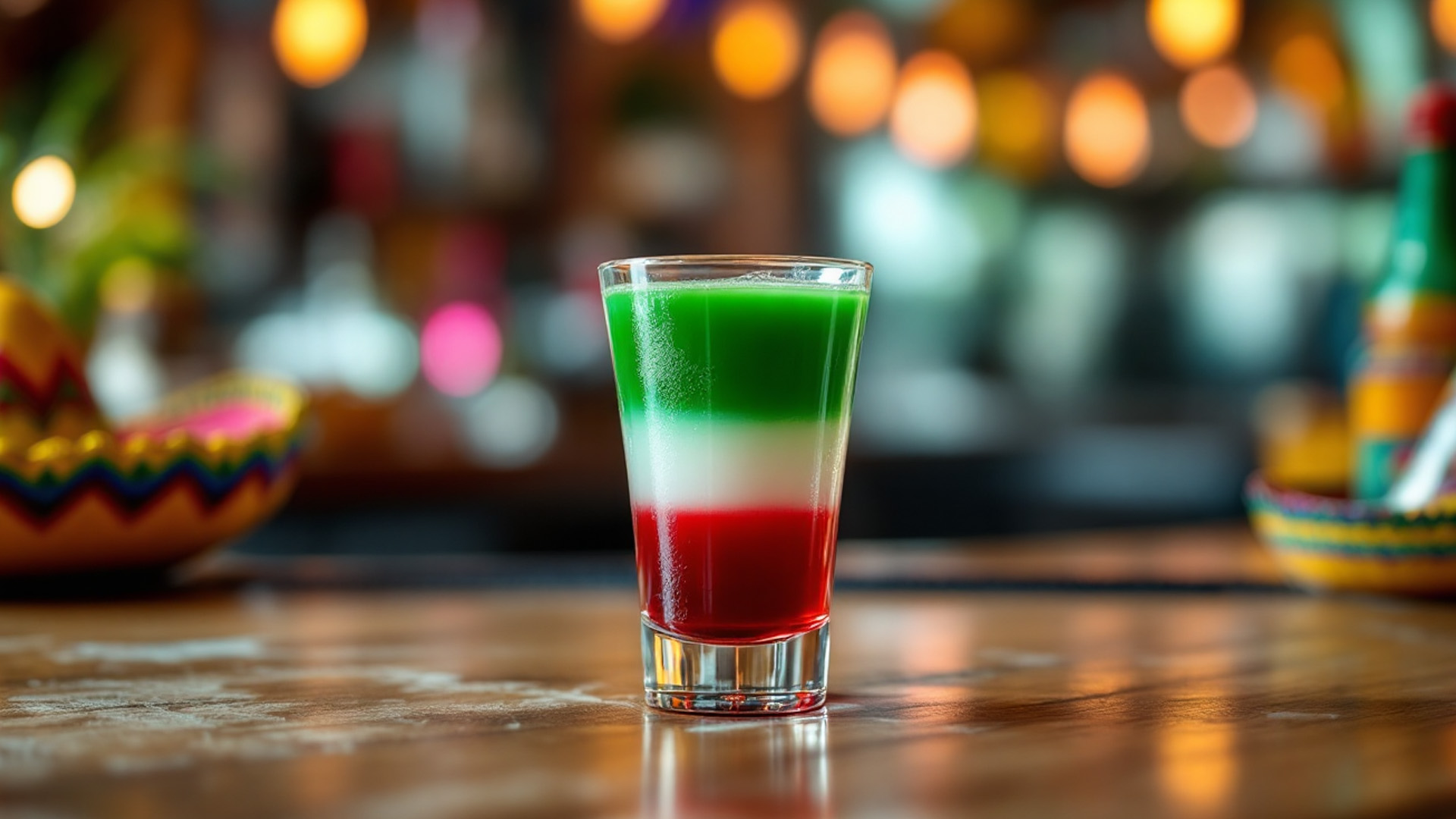 Bicchierino di Mexican Flag chupito perfettamente stratificato con verde, bianco e rosso su bancone di bar, decorato con sombrero e dettagli festosi in stile messicano sullo sfondo.