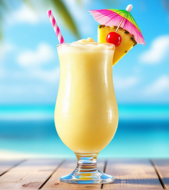 Virgin Colada servita in un bicchiere hurricane, decorata con fetta di ananas, ciliegina rossa e ombrellino colorato, su tavolo di legno davanti al mare tropicale.
