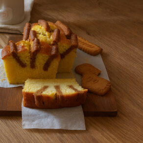 Ricetta Pound Cake con biscotti Lotus tagliata a fette su tagliere, dolce soffice per colazione o merenda