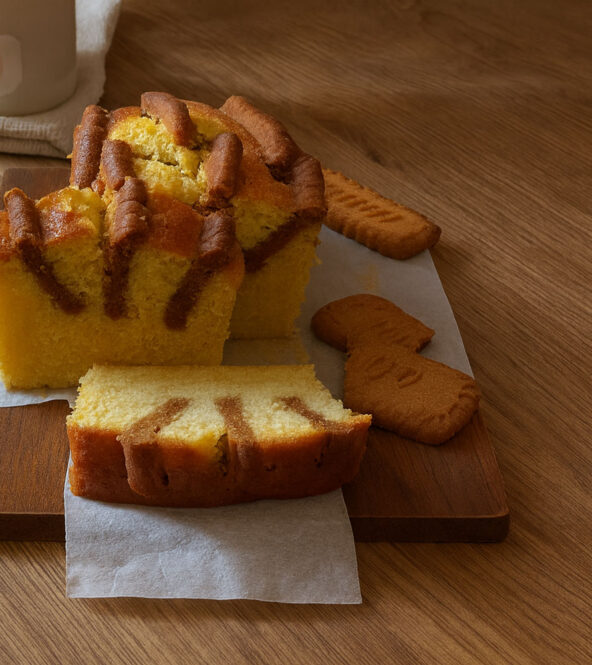 Ricetta Pound Cake con biscotti Lotus tagliata a fette su tagliere, dolce soffice per colazione o merenda