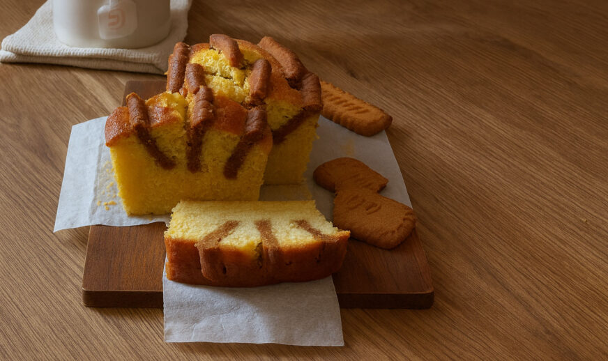 Ricetta Pound Cake con biscotti Lotus tagliata a fette su tagliere, dolce soffice per colazione o merenda
