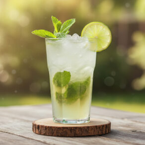 Ricetta Virgin Mojito cocktail analcolico fresco con lime, menta e soda in tumbler alto, decorato con rametto di menta e fetta di lime.