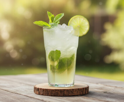 Ricetta Virgin Mojito cocktail analcolico fresco con lime, menta e soda in tumbler alto, decorato con rametto di menta e fetta di lime.
