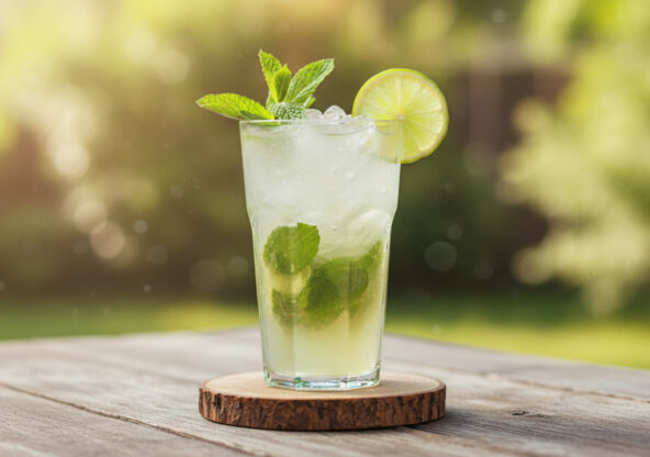 Ricetta Virgin Mojito cocktail analcolico fresco con lime, menta e soda in tumbler alto, decorato con rametto di menta e fetta di lime.