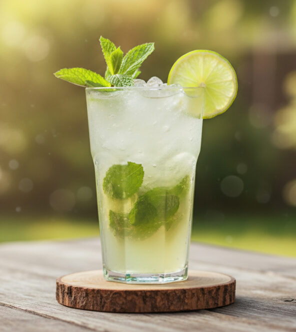 Ricetta Virgin Mojito cocktail analcolico fresco con lime, menta e soda in tumbler alto, decorato con rametto di menta e fetta di lime.