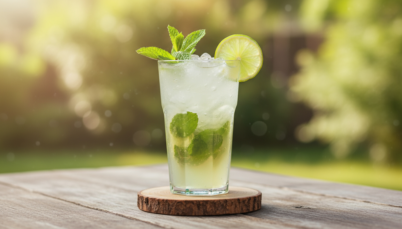 Ricetta Virgin Mojito cocktail analcolico fresco con lime, menta e soda in tumbler alto, decorato con rametto di menta e fetta di lime.