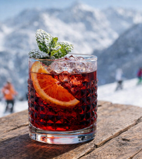 Cocktail Milano Cortina servito in tumbler basso con menta spolverata di zucchero a velo, fetta di arancia e sfondo innevato di montagna
