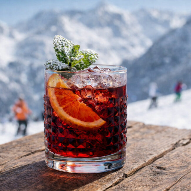 Cocktail Milano Cortina servito in tumbler basso con menta spolverata di zucchero a velo, fetta di arancia e sfondo innevato di montagna